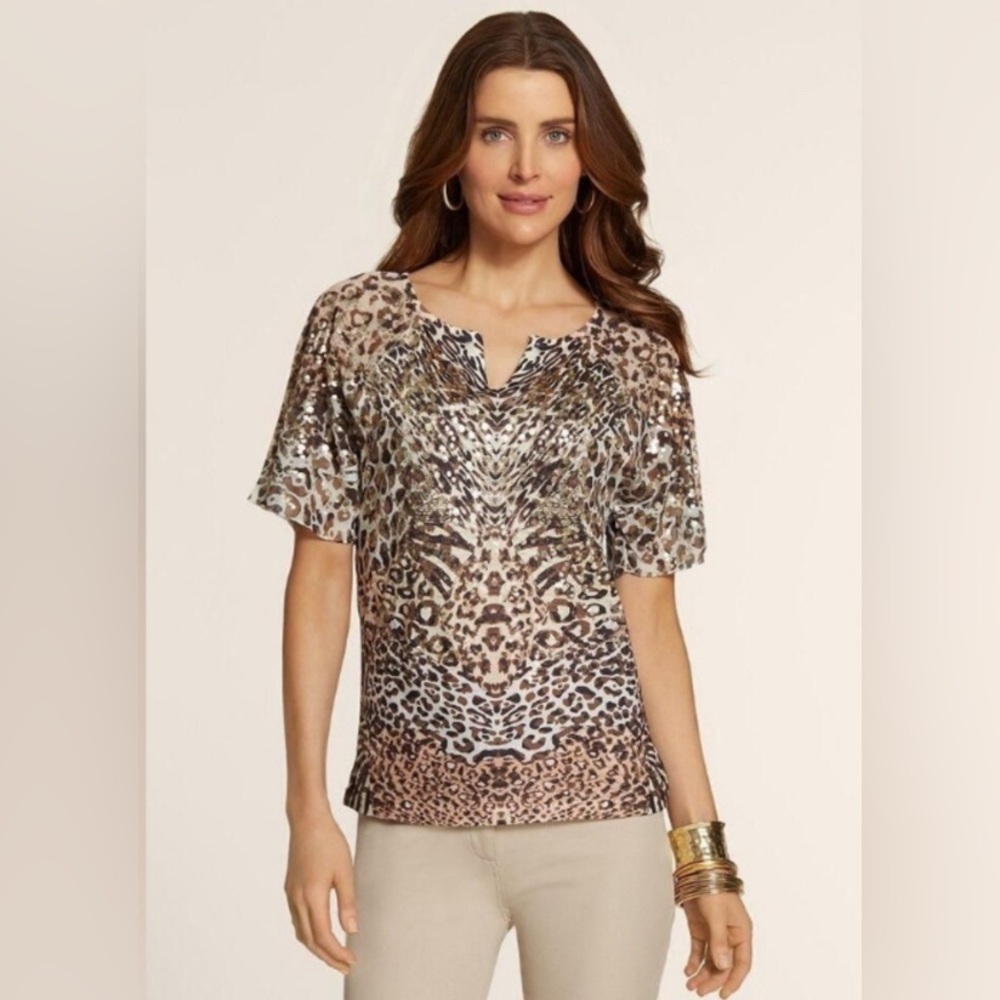 Chico's Brown and Tan Animal Print Short Sleeve Blouse